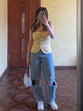 Zara Pale Yellow Knit Sleeveless Top with Button Detail